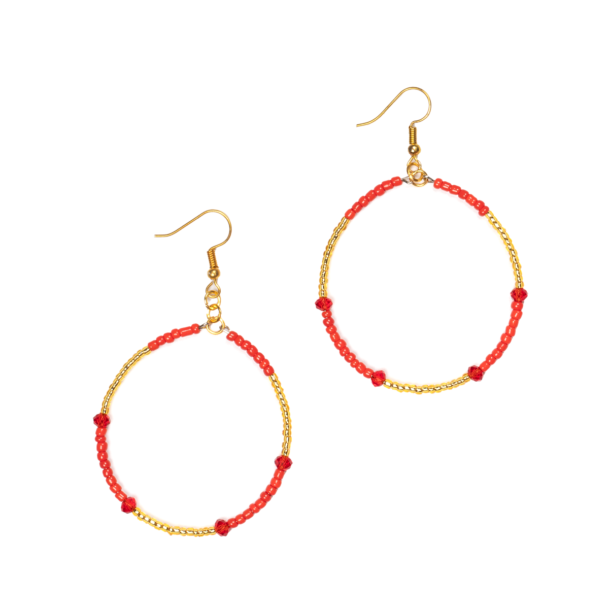 Boucles d'oreilles créoles perles mélangées rouges et dorées