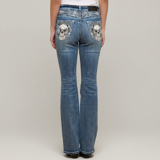 Skull Rider Women’s Skull & Rose Embroidered Bling Jeans. High Waisted Bootcut