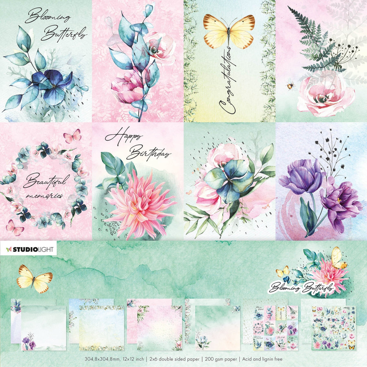 SL Bloc de papier scrapbooking Papillon en fleurs 304,8x304,8x3mm 12 feuilles n°20