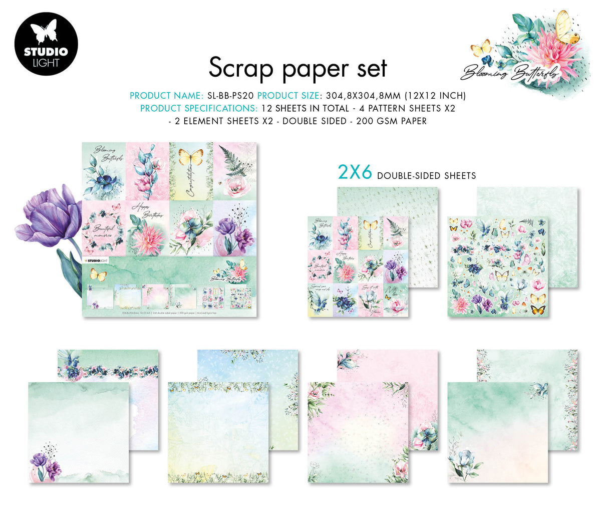 SL Bloc de papier scrapbooking Papillon en fleurs 304,8x304,8x3mm 12 feuilles n°20