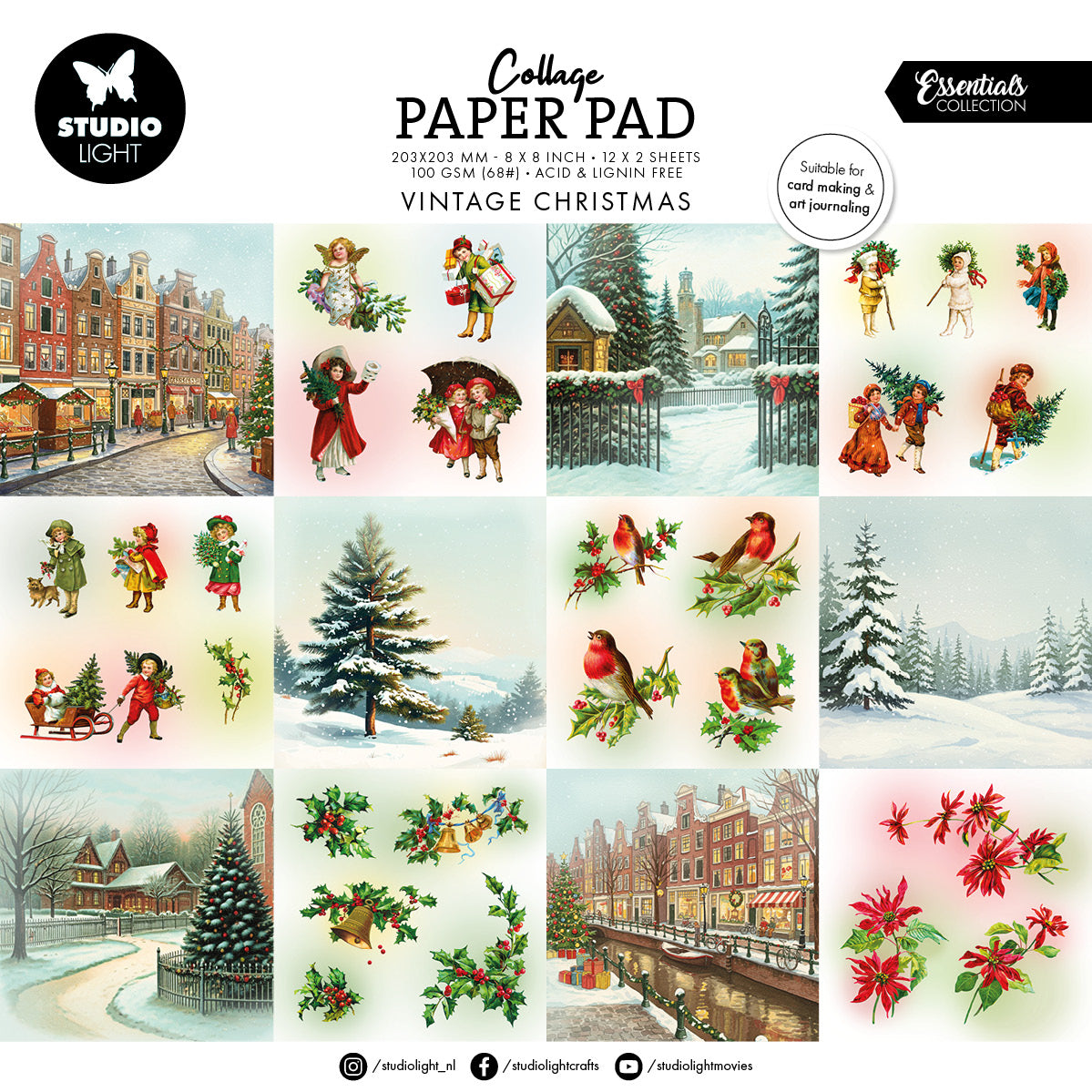 Bloc de papier pour collage SL - Essentiels de Noël vintage - 24 feuilles