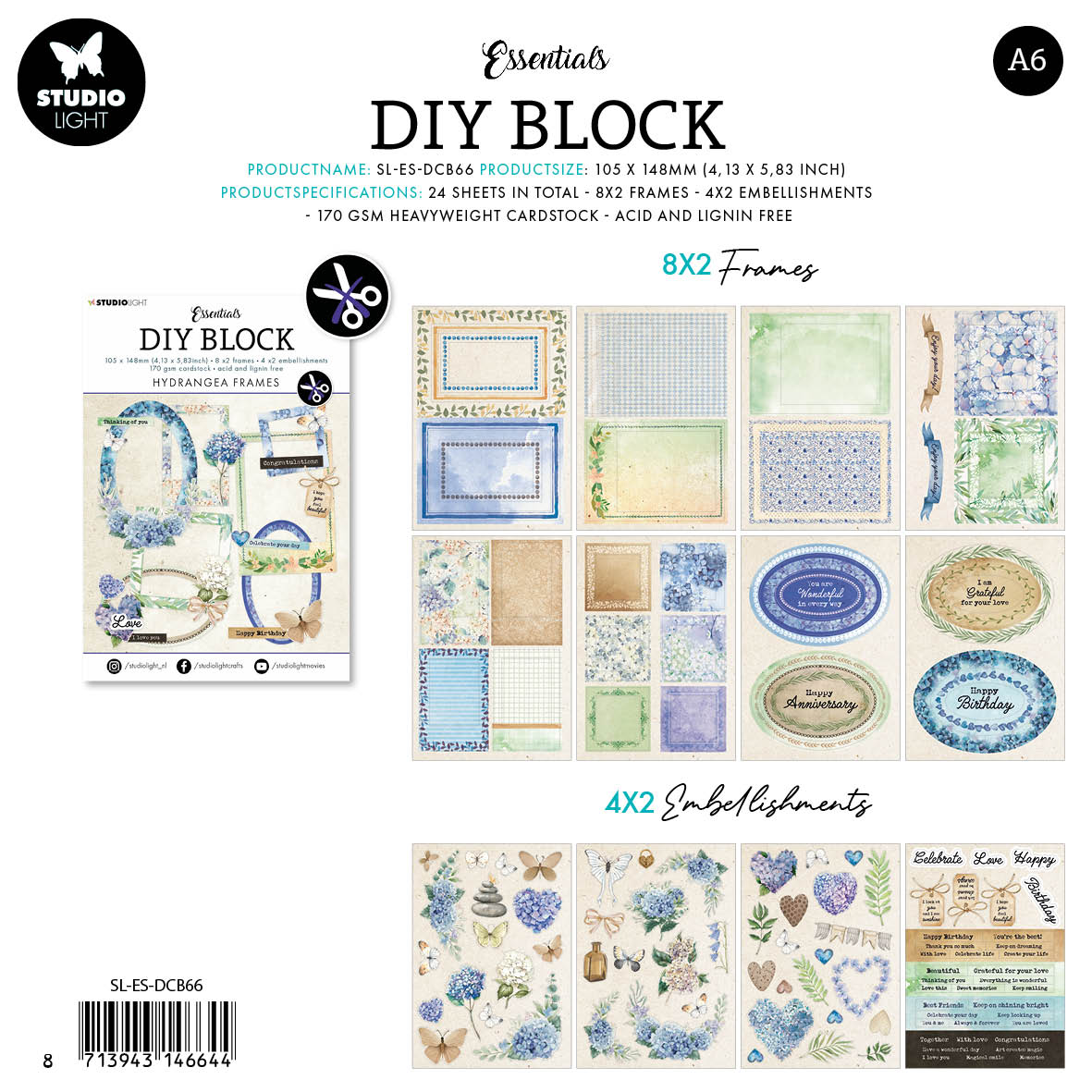 SL Blocs prédécoupés Hydrangea Frames Essentials 105x148x3mm 24 feuilles n°66
