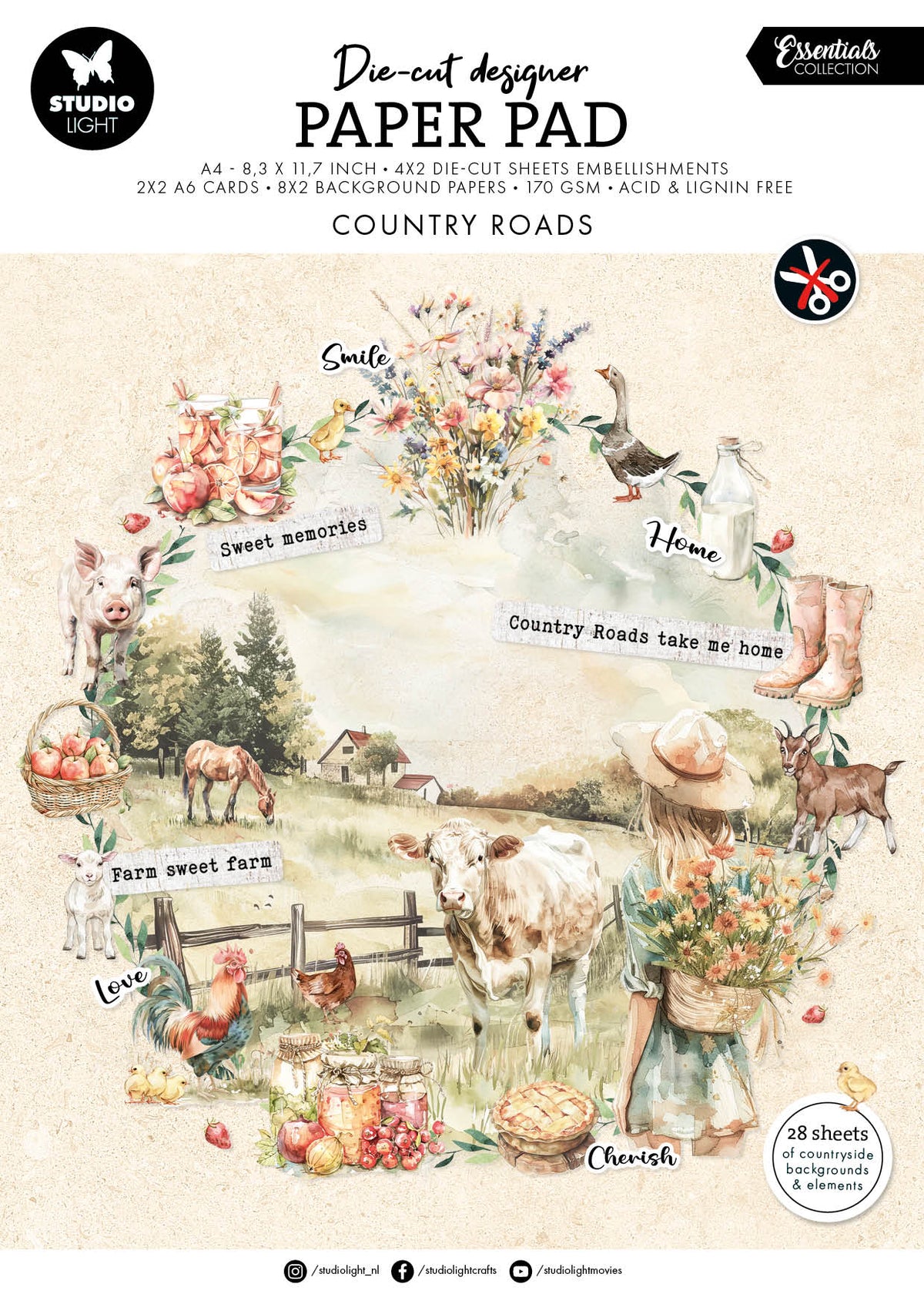 Bloc de papier prédécoupé SL Country Roads Essentials 28 feuilles