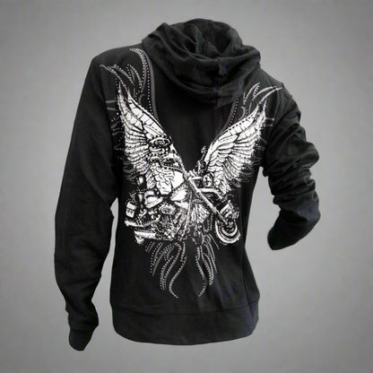 Sweat à capuche moto avec ailes et strass pour femme