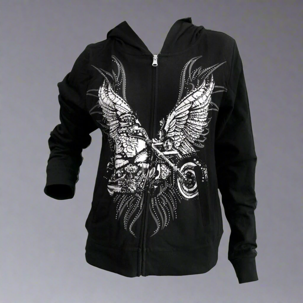 Sweat à capuche moto avec ailes et strass pour femme