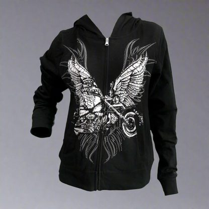 Sweat à capuche moto avec ailes et strass pour femme