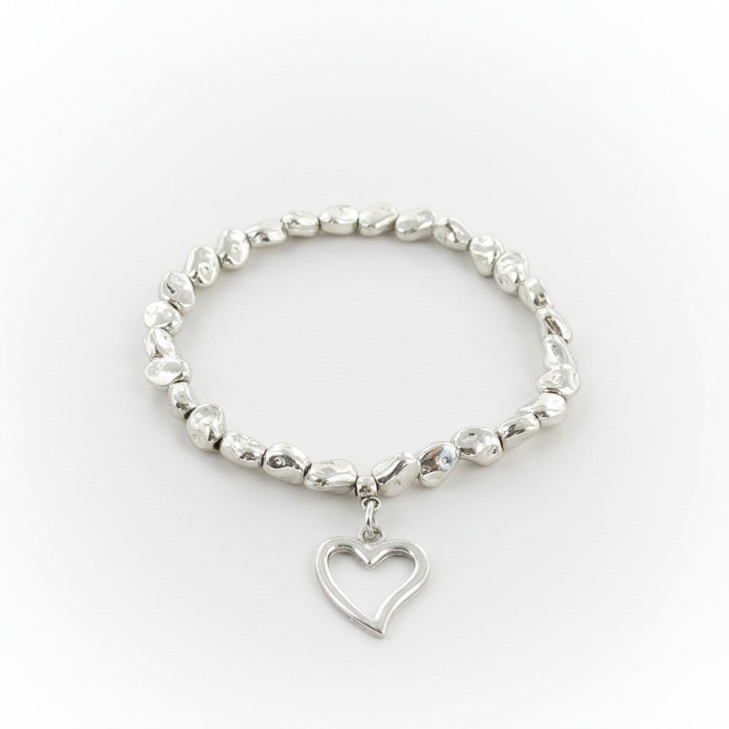 Heart Charm Nugget Bracelet in Silver Plate