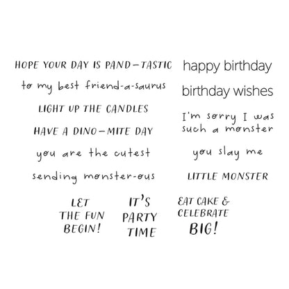 Lot de tampons transparents « Vœux d'anniversaire monstres » de la collection Anniversaire monstre