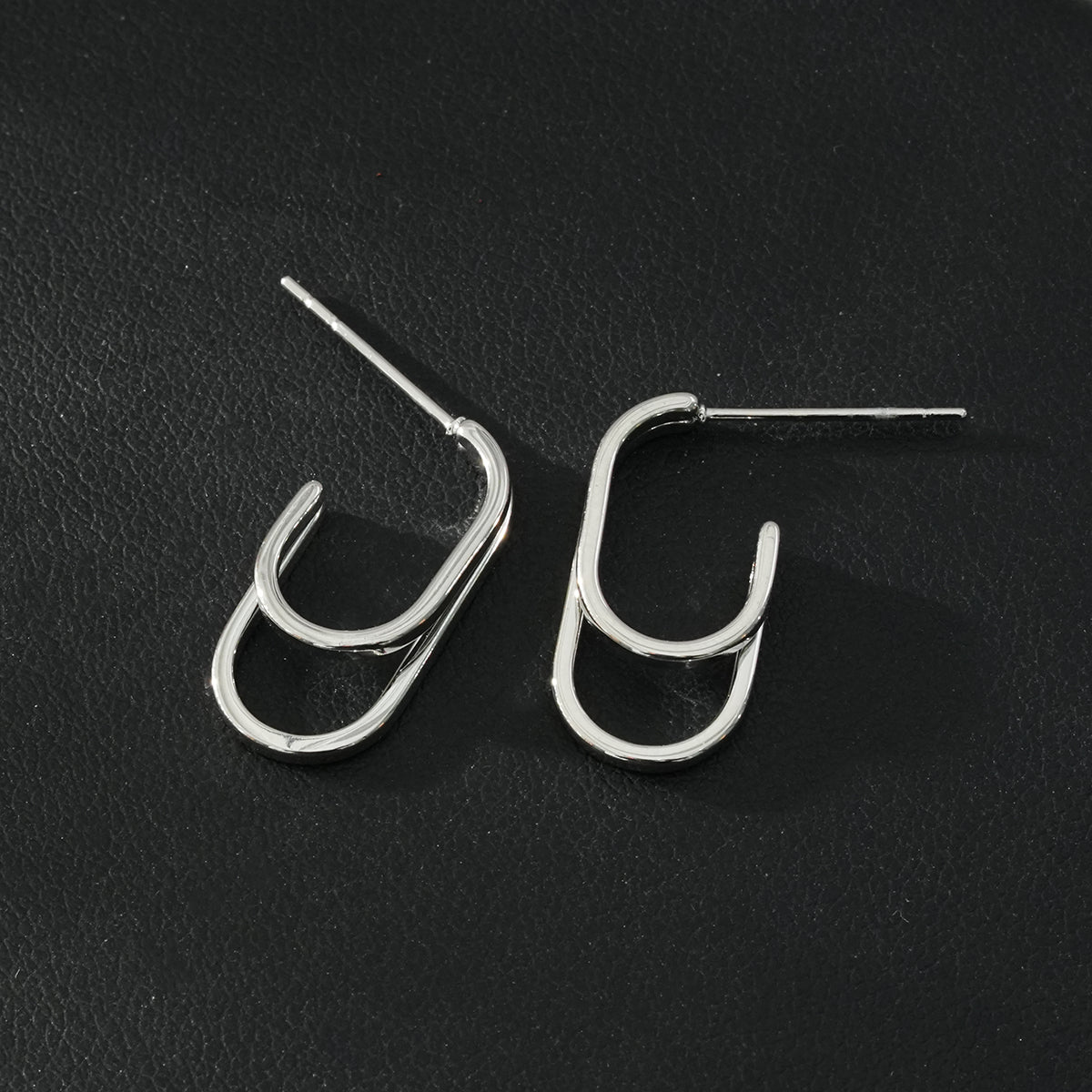 St SIMON Or Blanc (ton argent) : Boucles d'oreilles créoles doubles rectangulaires à coins arrondis