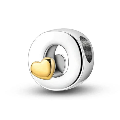 Breloque initiale en argent sterling 925 avec cœur en or