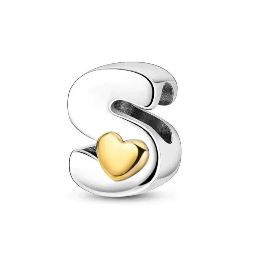 Breloque initiale en argent sterling 925 avec cœur en or