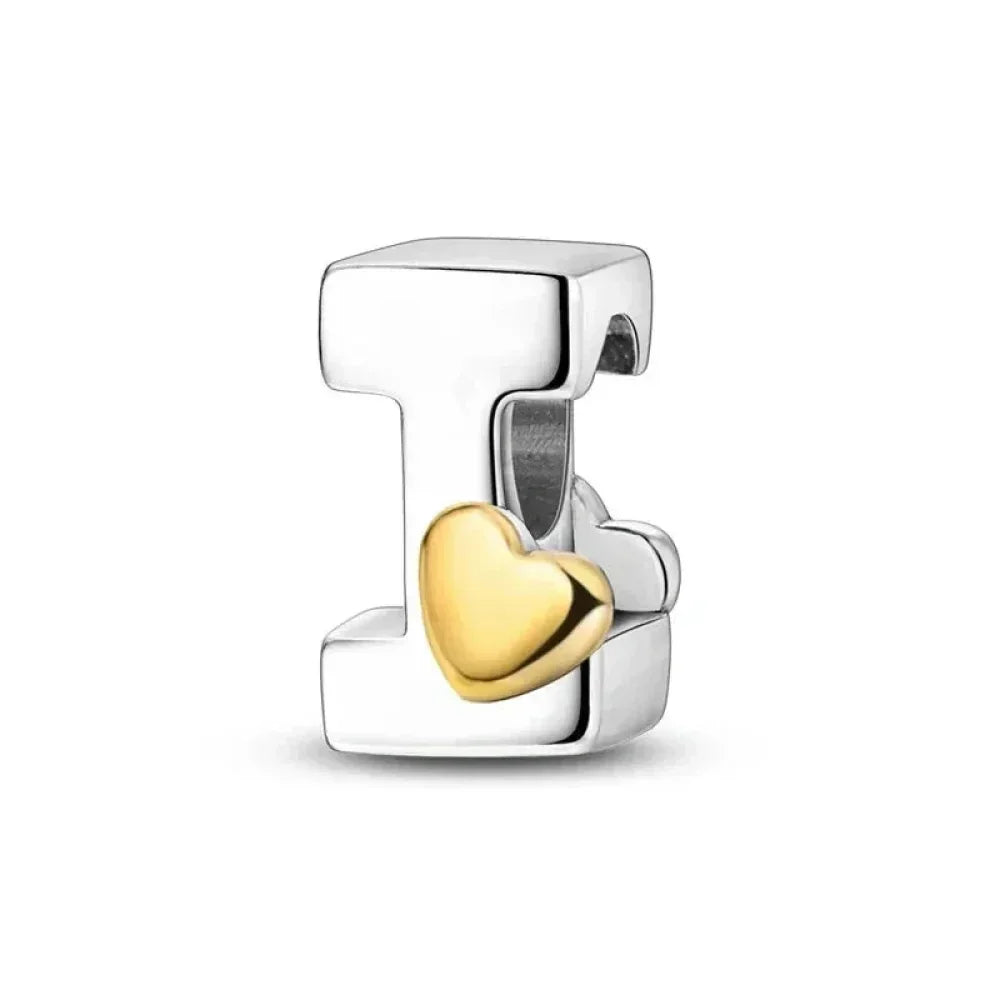 Breloque initiale en argent sterling 925 avec cœur en or