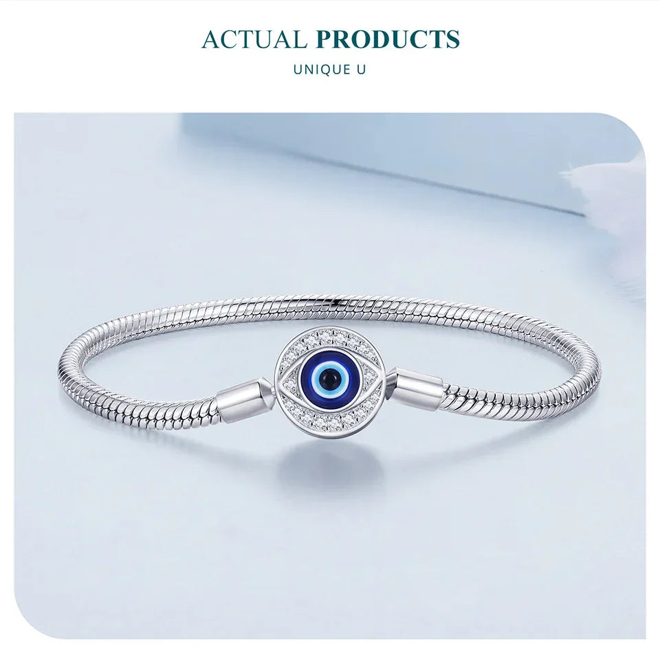 Sterling Silver Evil Eye Charm Bracelet with CZ – Snake Chain