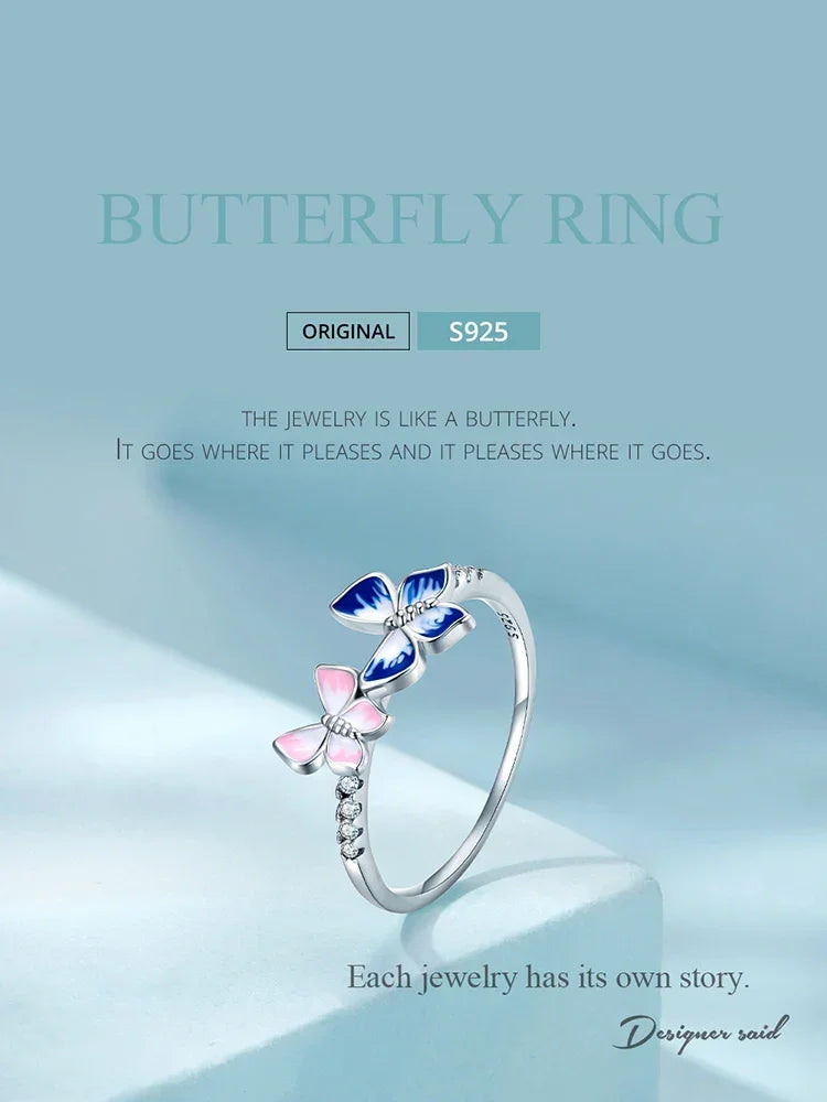 Bague en Argent Sterling 925 Émaillée Papillon Oxyde de Zirconium