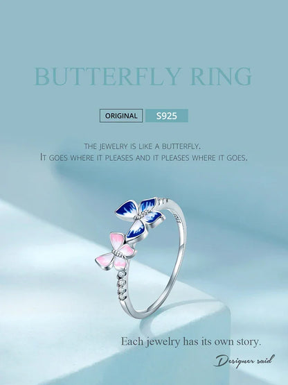 Bague en Argent Sterling 925 Émaillée Papillon Oxyde de Zirconium
