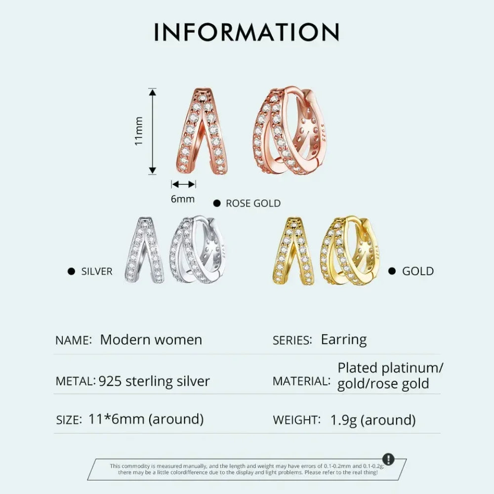 Boucles d'oreilles créoles doubles en argent sterling 925, avec géométrie élégante et cristal de zircon