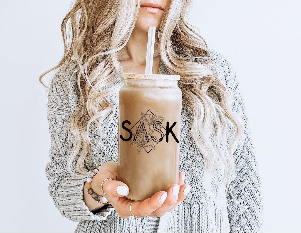 Gobelet en verre SASK Diamond Line Art avec couvercle en bambou | Tasse à boire Saskatchewan