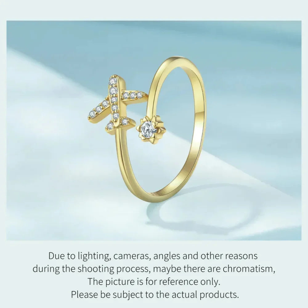 Bague ouverte en argent sterling 925 avec avion volant en zircone cubique