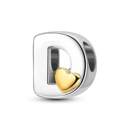 Breloque initiale en argent sterling 925 avec cœur en or