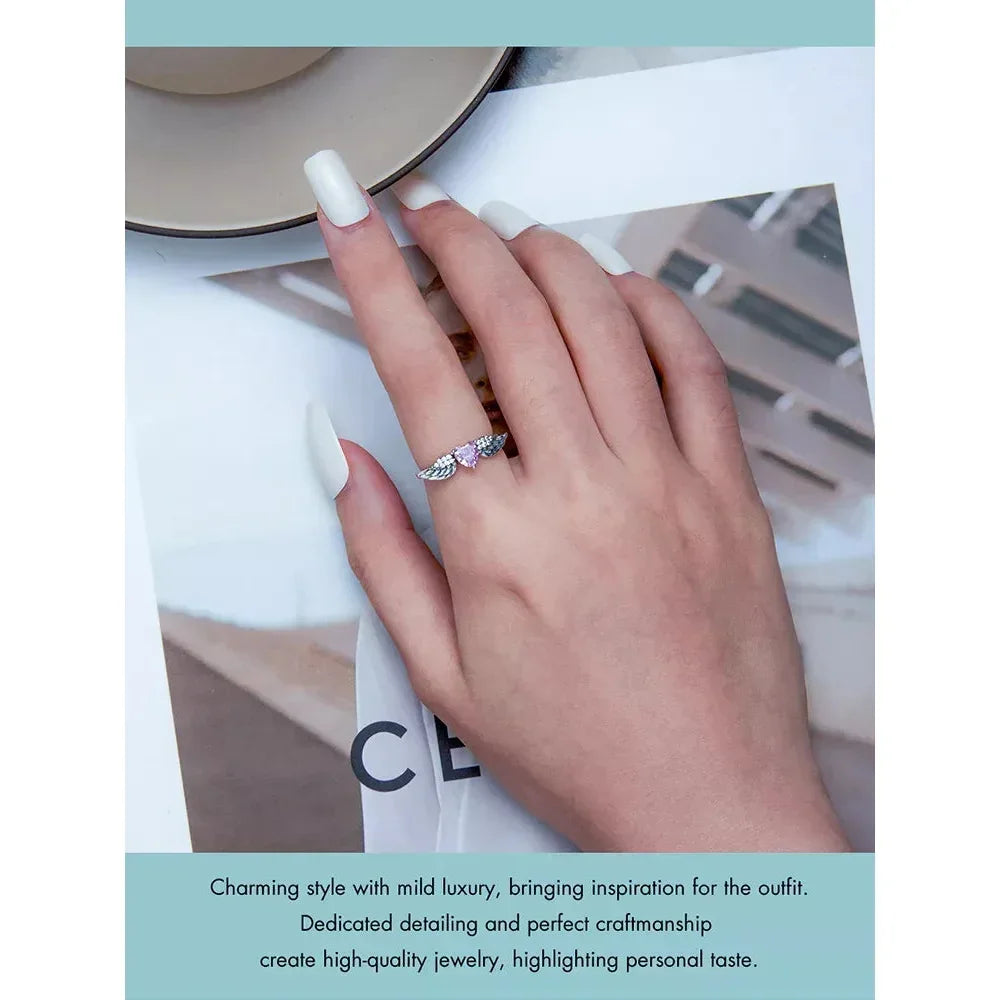 Bague en argent sterling 925 avec ailes de cœur rose et zircone cubique