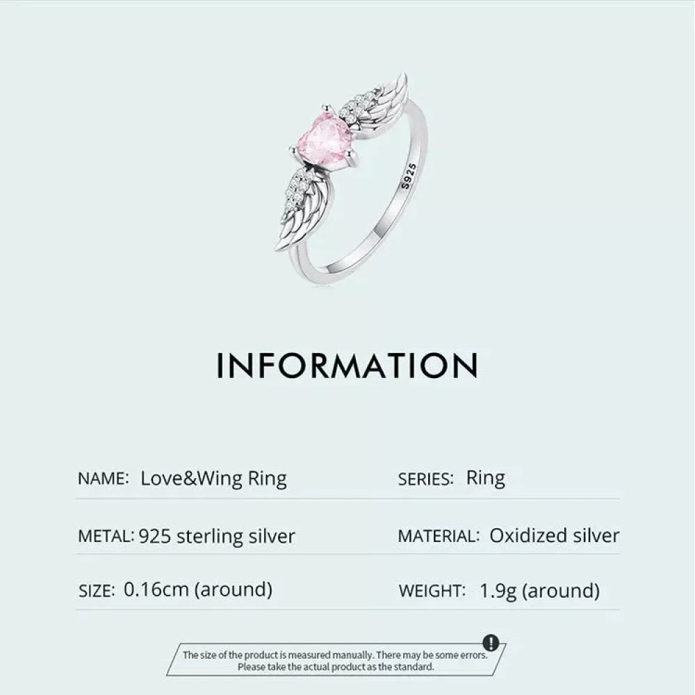 Bague en argent sterling 925 avec ailes de cœur rose et zircone cubique