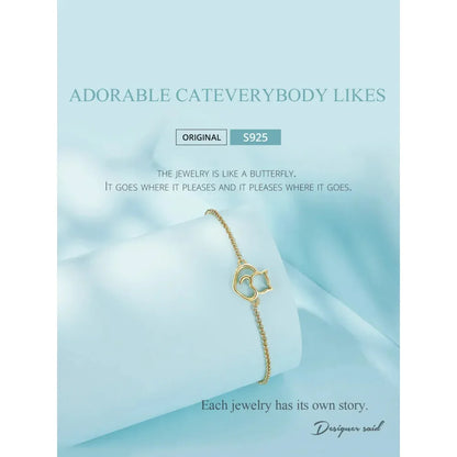 Bracelet Chaîne Cœur Chat en Argent Sterling 925