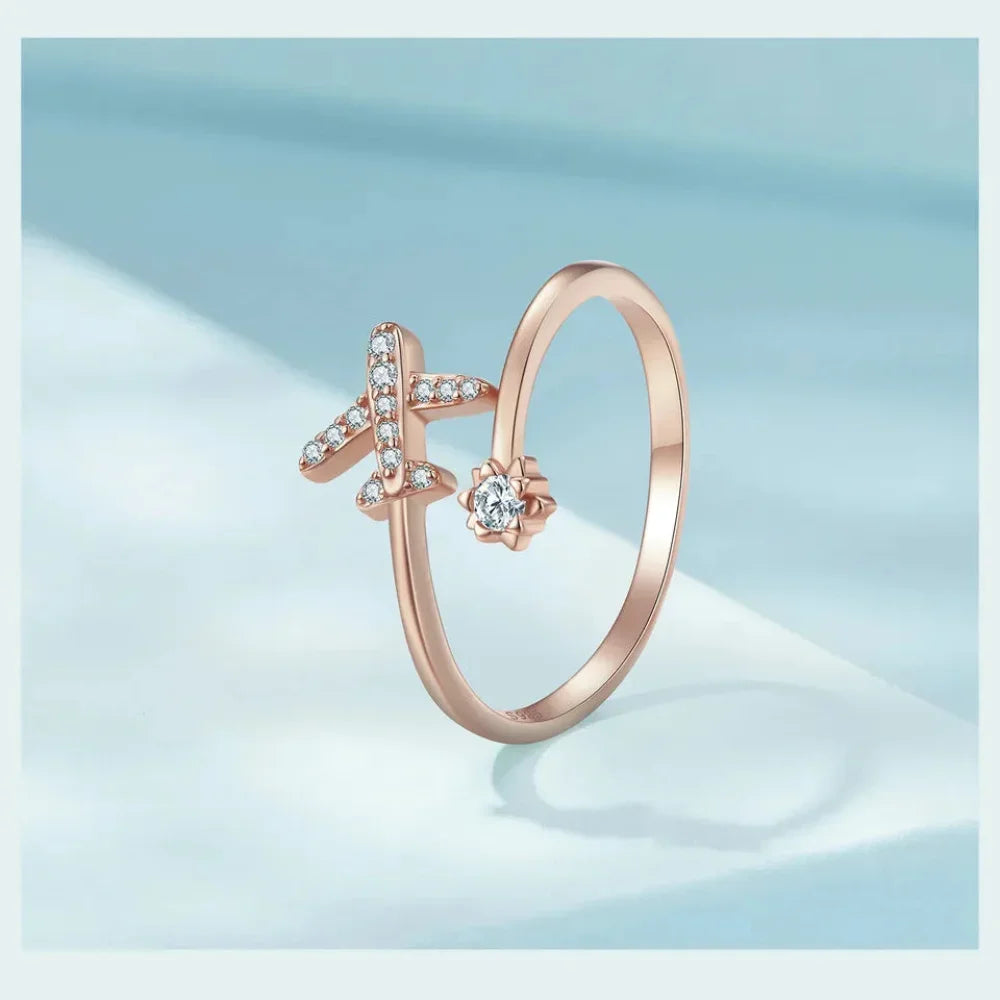 Bague ouverte en argent sterling 925 avec avion volant en zircone cubique