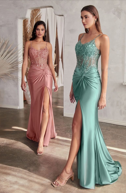 ROBE LONGUE EN SATIN AVEC CORSAGE ORNÉ DE DÉTAILS