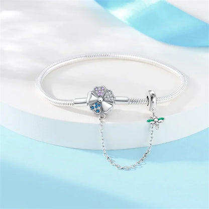 Bracelet à breloques trèfle et libellule en argent sterling avec chaîne de sécurité