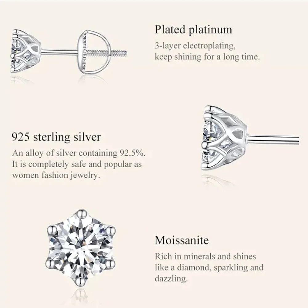 Puces d'oreilles rayonnantes en moissanite | Coupe ronde couleur D, argent 925 plaqué or