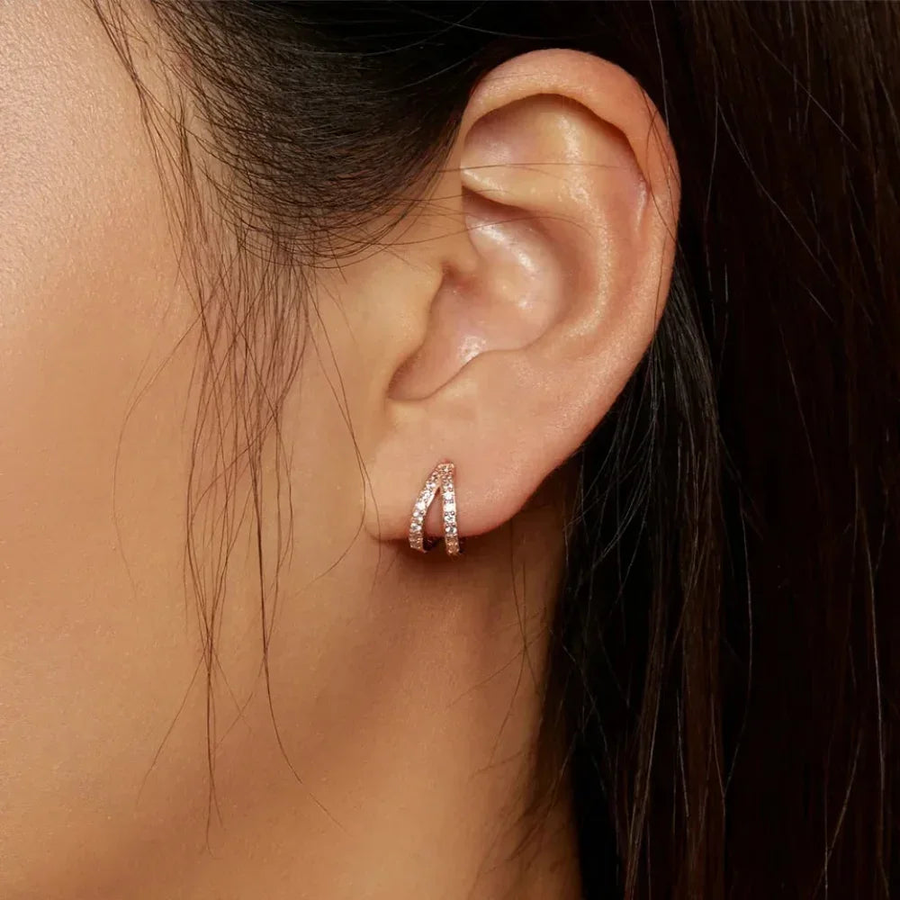 Boucles d'oreilles créoles doubles en argent sterling 925, avec géométrie élégante et cristal de zircon