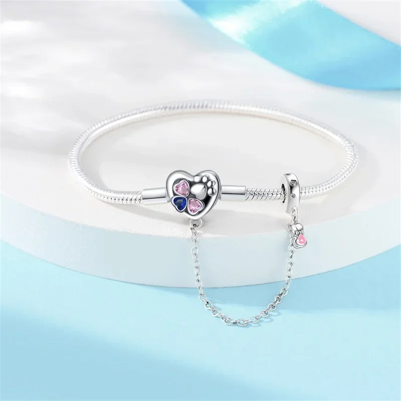 Sterling Silver Heart Paw Print Charm Bracelet with Safety Chain
