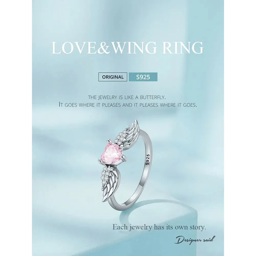 Bague en argent sterling 925 avec ailes de cœur rose et zircone cubique