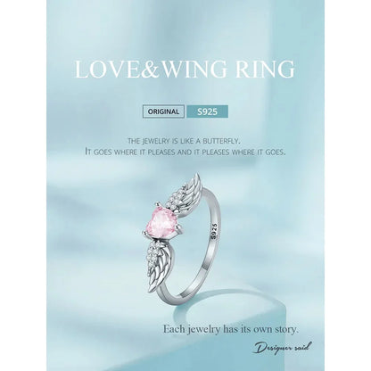 Bague en argent sterling 925 avec ailes de cœur rose et zircone cubique