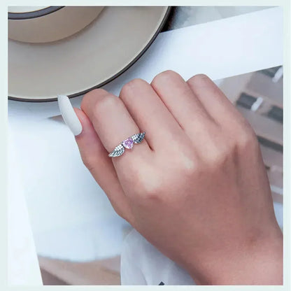 Bague en argent sterling 925 avec ailes de cœur rose et zircone cubique