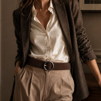 Sempre - Ceinture en cuir de vachette marron avec boucle circulaire - Fabriqué au Canada