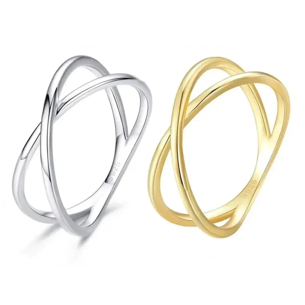 Bague X plaquée or 14 carats à couper le souffle - Bague croisée minimaliste élégante en argent sterling 925 pour femmes - Bijoux de promesse Scr543