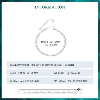 Bracelet triple couche en argent sterling – Plaqué or blanc