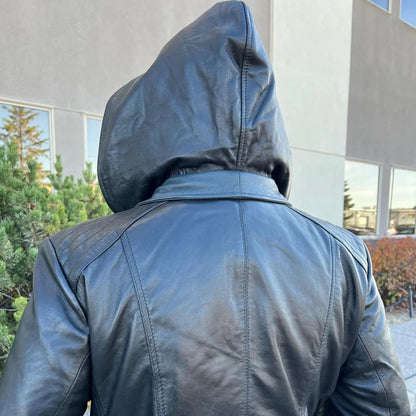 Blouson en cuir de mouton avec capuche amovible