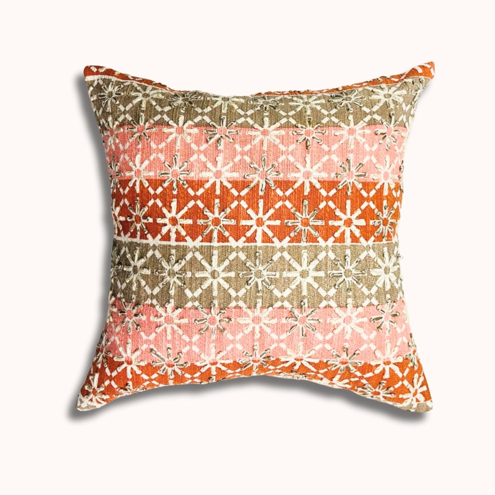 Housse de coussin en coton brodé géométrique 40x40cm – motif étoilé, dos en soie de papier