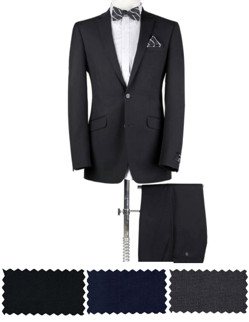 CRÉEZ VOTRE FORFAIT : Costume noir, gris ou bleu (le forfait comprend un costume 2 pièces, une chemise, une cravate ou un nœud papillon)