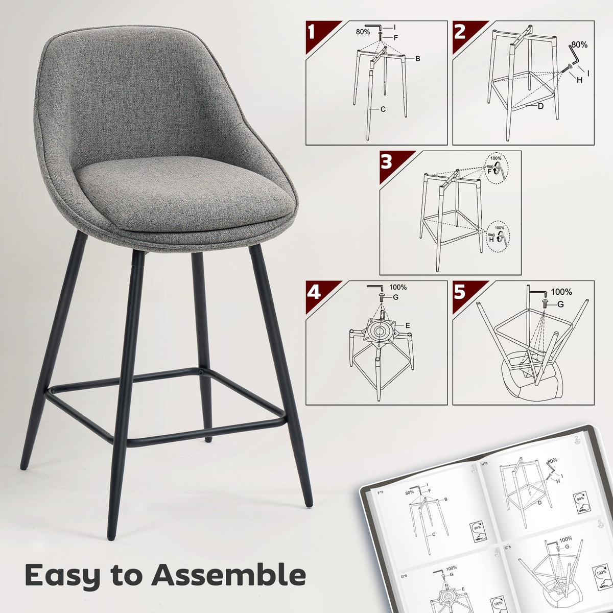 Tabourets de bar Reece 66 cm avec pivot et dossier - Lot de 2 - Gris foncé