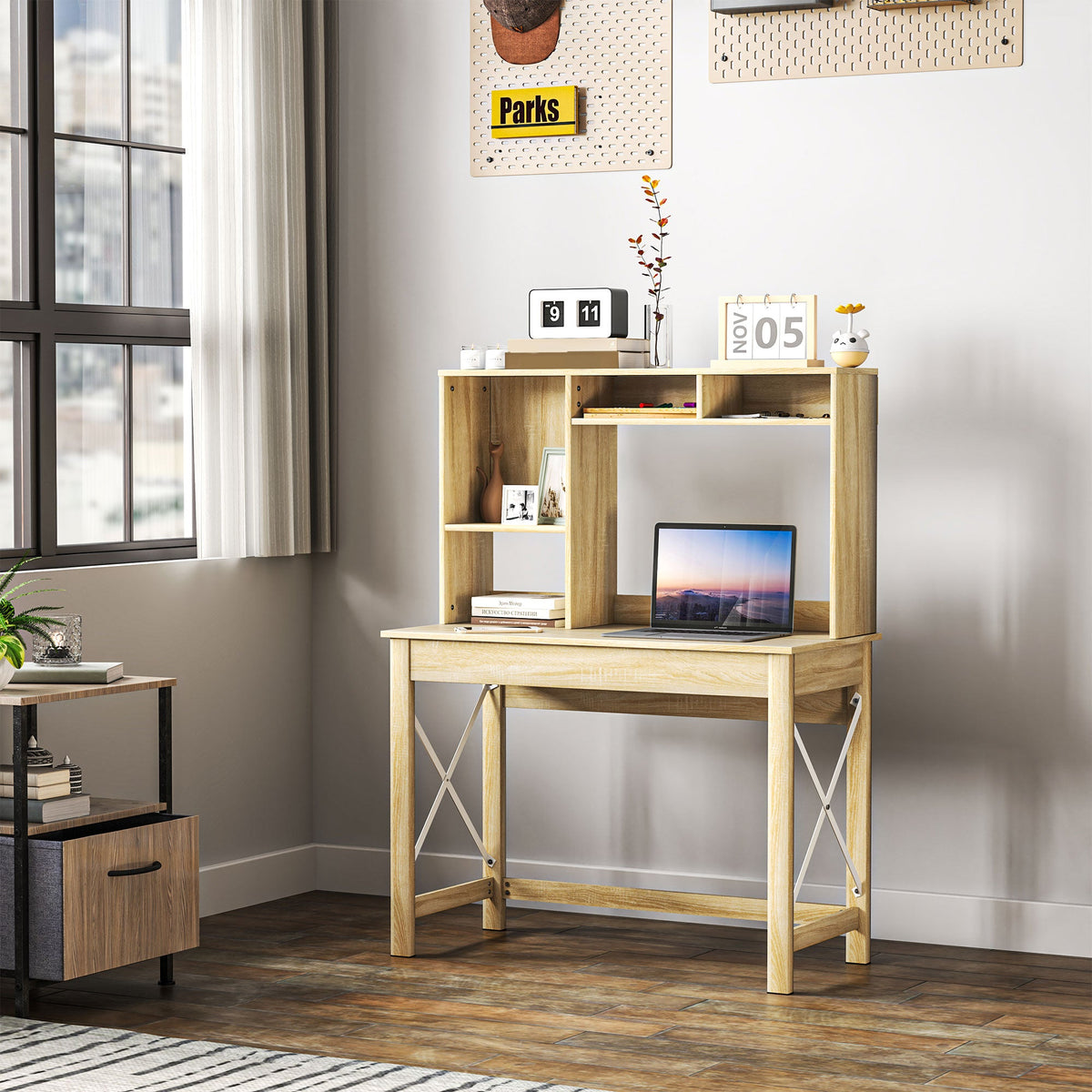 Sloan Computer Desk with Hutch and Storage Shelves-Oak