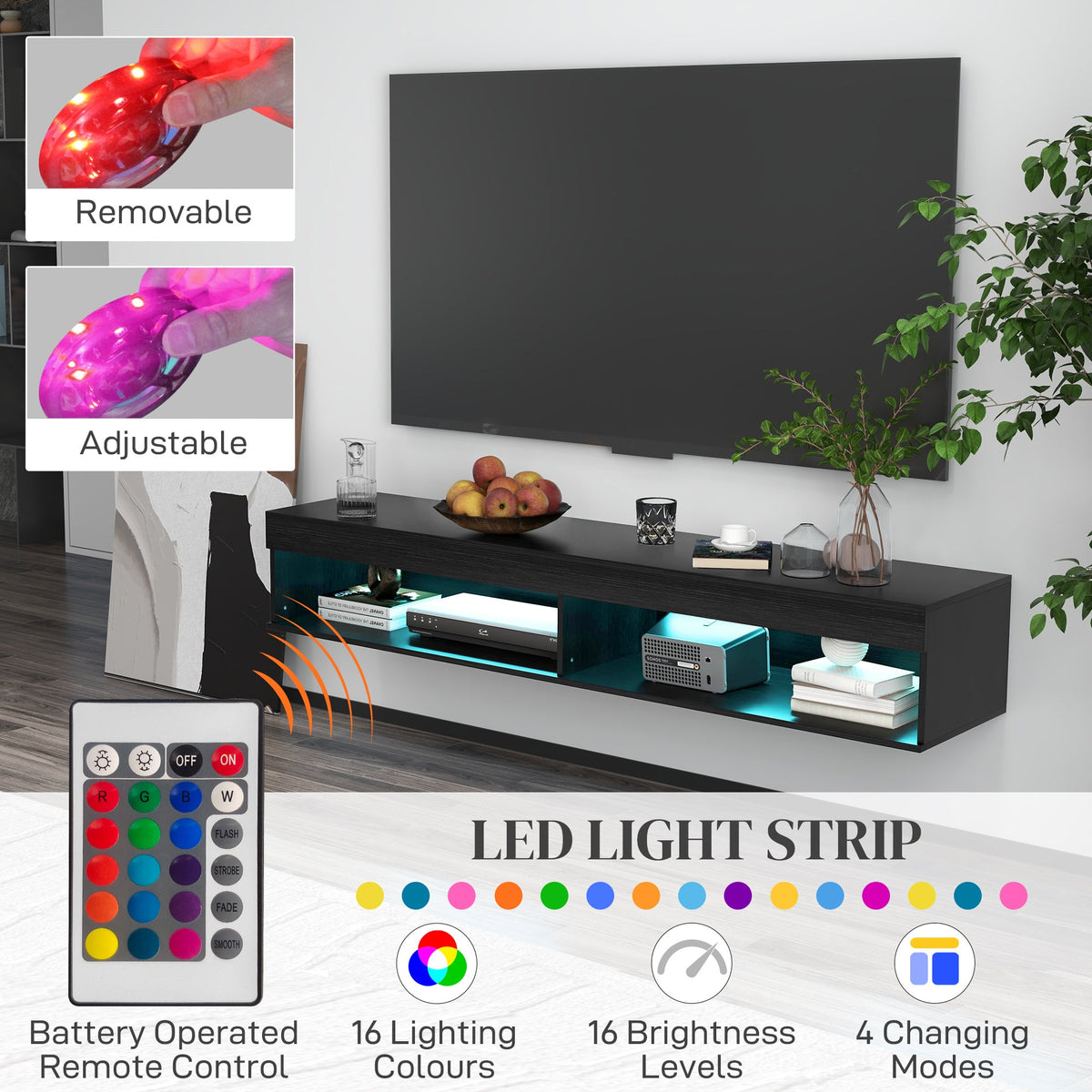 Meuble TV mural moderne Lane avec rangement et lumières LED - Noir