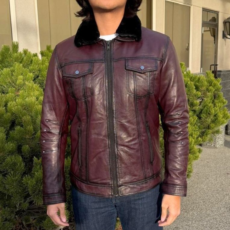 Men's Sheep Leather Jacket with Removable Fur Collar