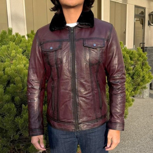 Men's Sheep Leather Jacket with Removable Fur Collar