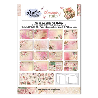Pochette de 6 cartes 3Quarter Designs Pivoines épanouies 15,2 x 10,2 cm