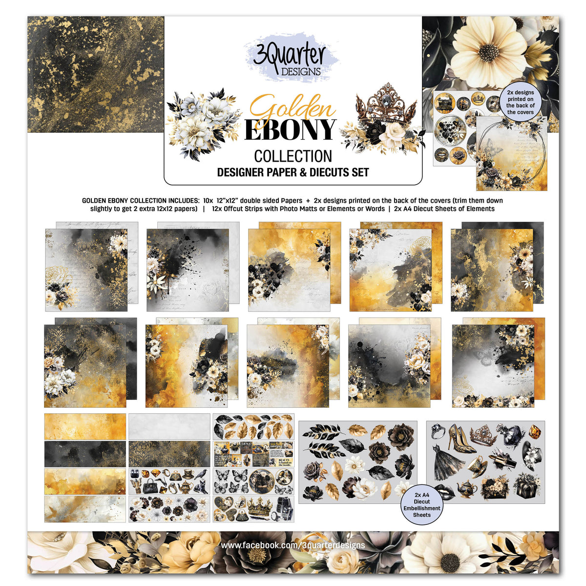 3Quarter Designs Golden Ebony Lot de papiers design et de découpes 30x30 cm