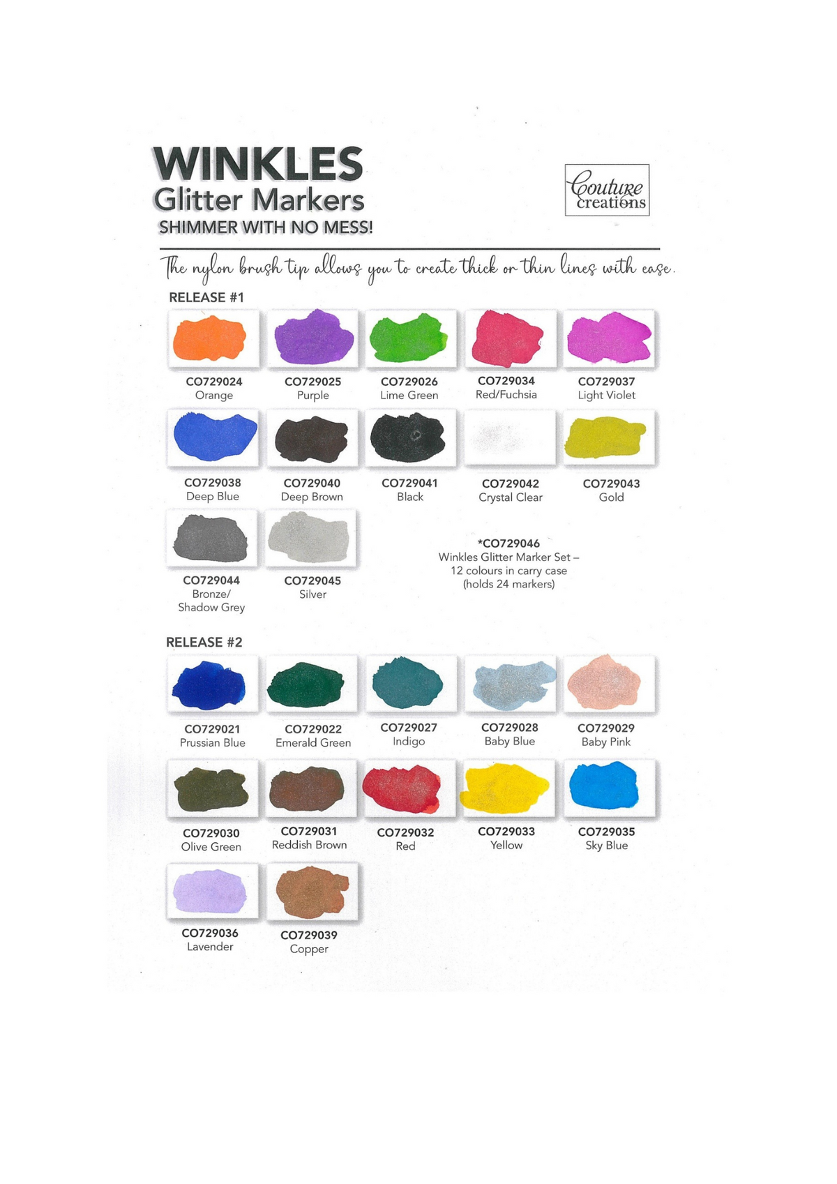 Lot de stylos pailletés Winkles Shimmer Glitter – 12 couleurs dans une trousse de transport (peut contenir 24 stylos)