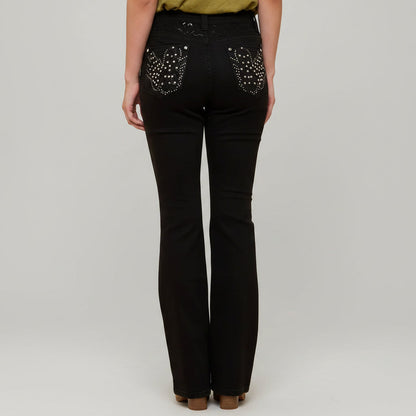 Westfield Eagle Women’s Black Bootcut Bling Jeans. High Waisted Embroidered Western Denim